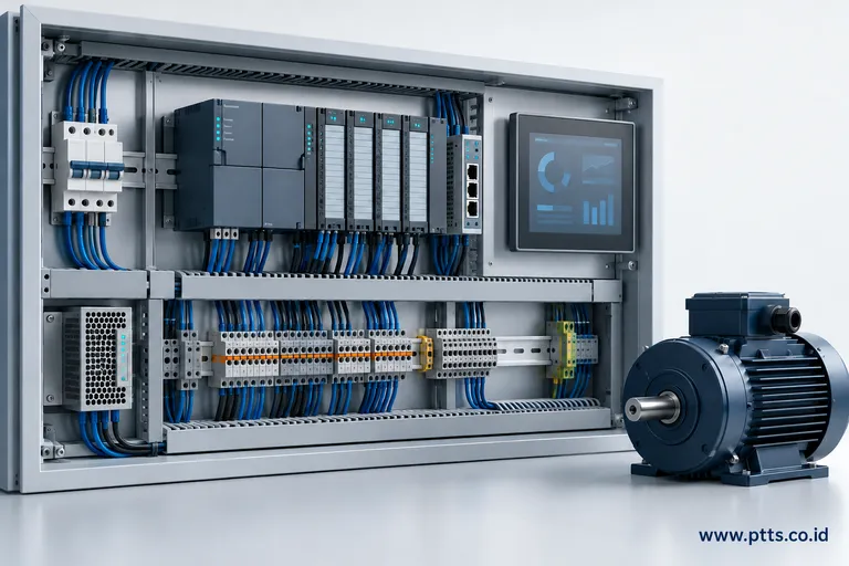 Concept illustration of a PLC, HMI and motor control assembly