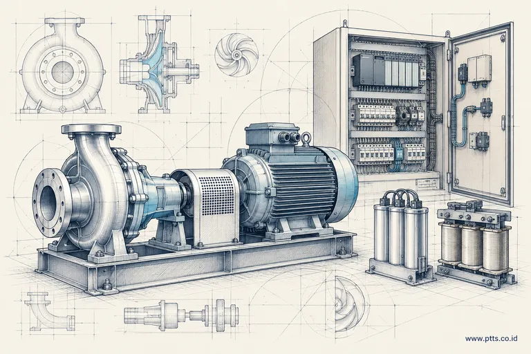 Ilustrasi konsep engineering berupa pompa, motor, dan kabinet kontrol listrik dengan garis teknik navy di atas ivory